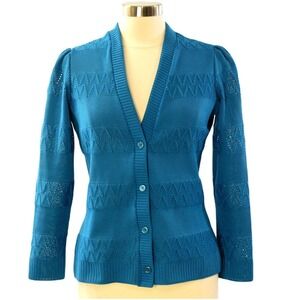 1970s Franco Verdi Teal Patterned Knit Cardigan Top Geometric Open Knit Womens L